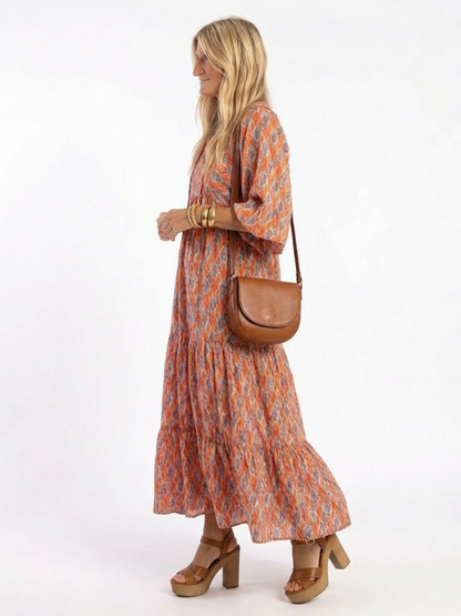 Women's Geometric V-Neck Tiered Midi Dress for Everyday