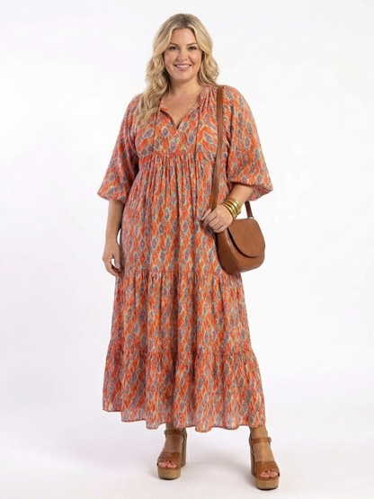 Women's Geometric V-Neck Tiered Midi Dress for Everyday