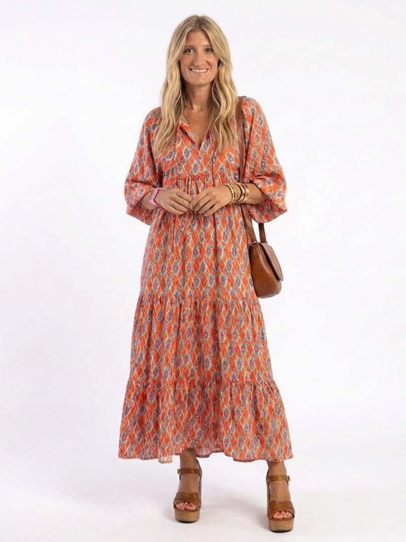 Women's Geometric V-Neck Tiered Midi Dress for Everyday