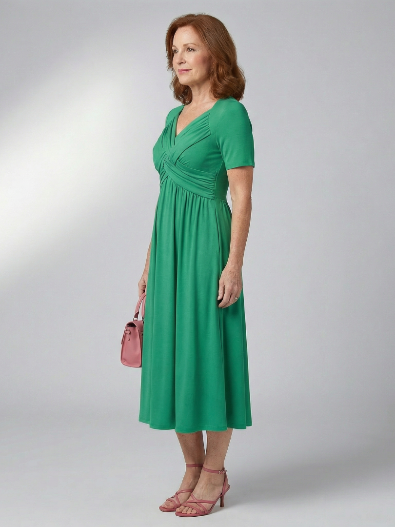 Women's Green Midi Dress with Clean Waistband for Everyday