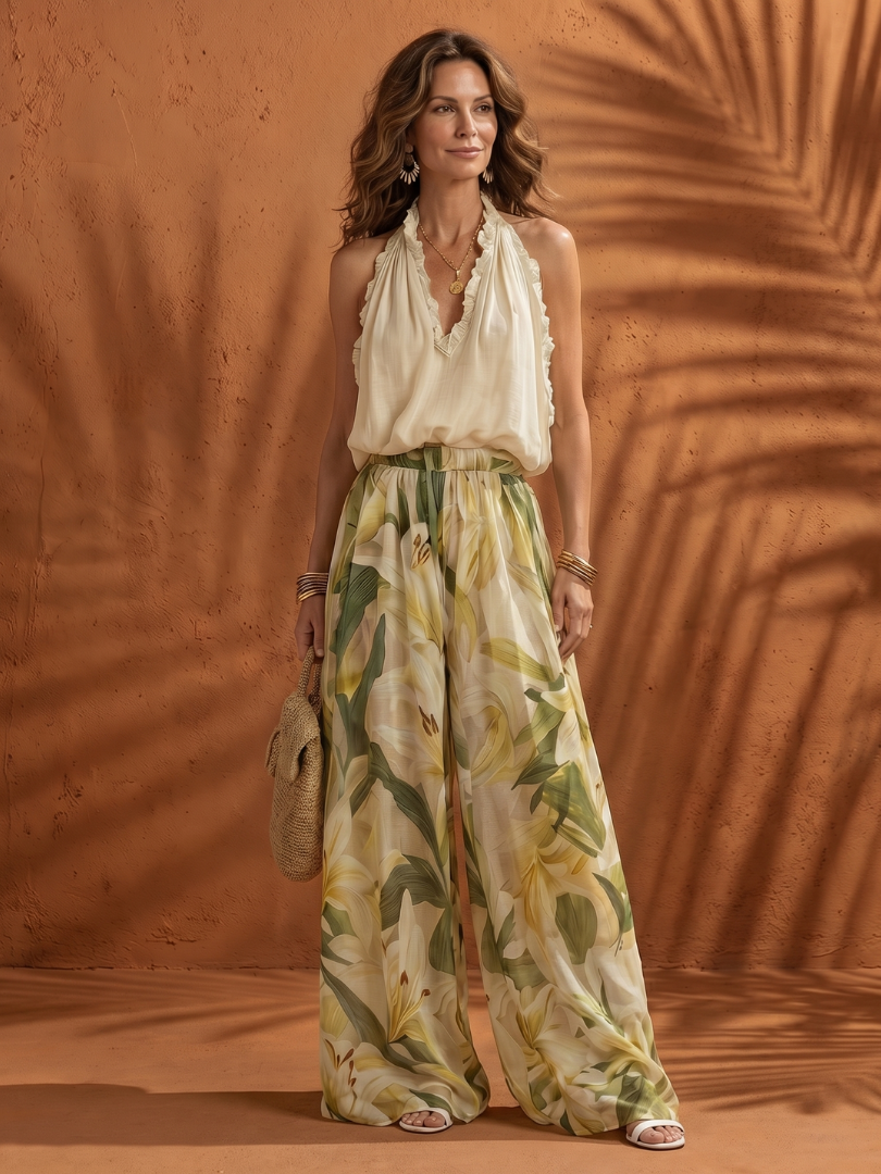 Women's Halter Blouse Wide Leg Set with Ruffle for Summer