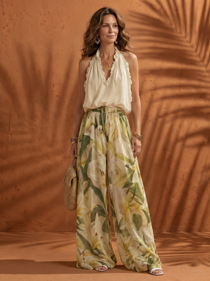 Women's Halter Blouse Wide Leg Set with Ruffle for Summer