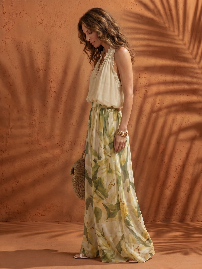 Women's Halter Blouse Wide Leg Set with Ruffle for Summer