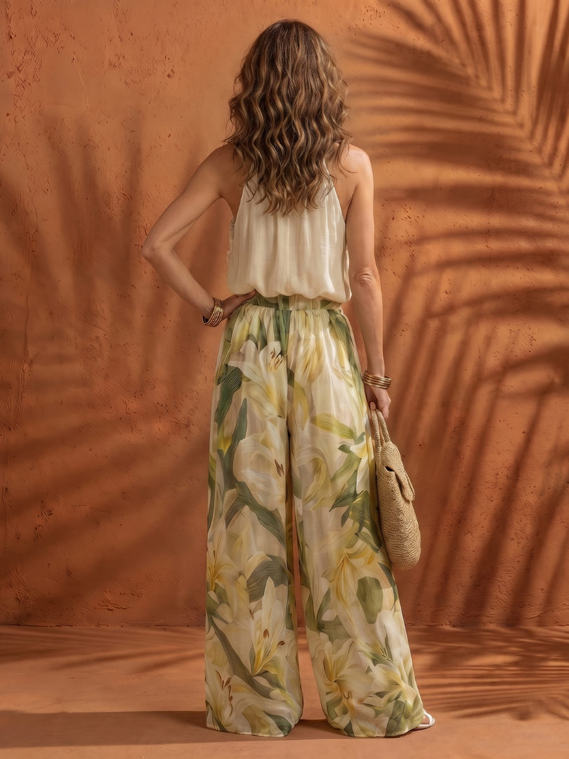 Women's Halter Blouse Wide Leg Set with Ruffle for Summer