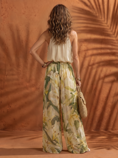 Women's Halter Blouse Wide Leg Set with Ruffle for Summer