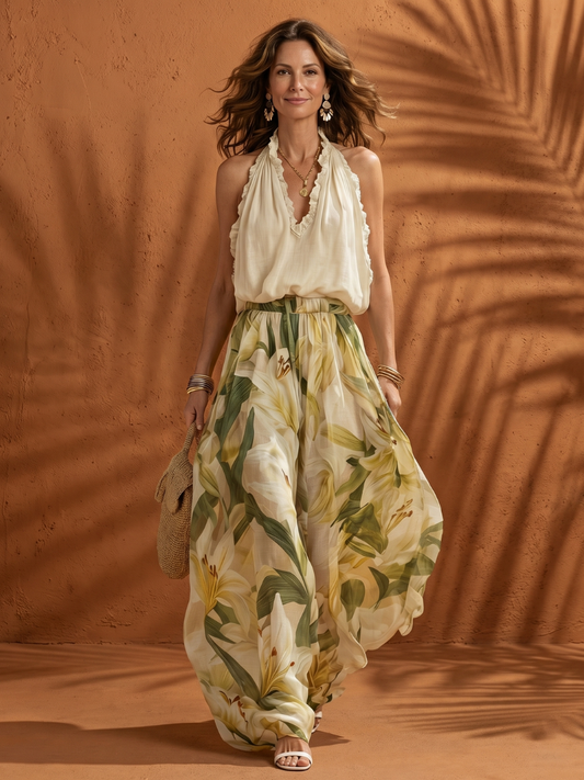 Women's Halter Blouse Wide Leg Set with Ruffle for Summer