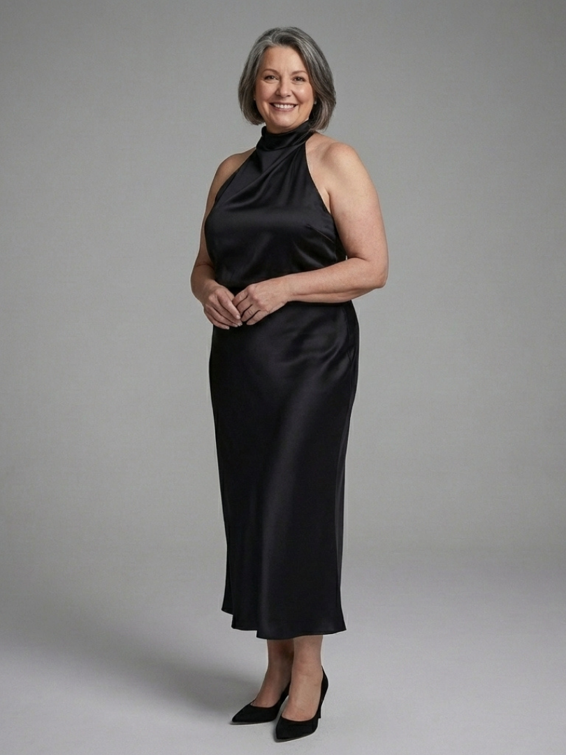 Women's Halter Draped Midi Dress with Draped Neckline