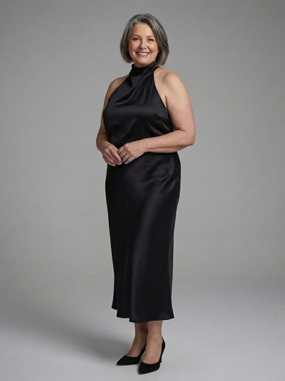 Women's Halter Draped Midi Dress with Draped Neckline