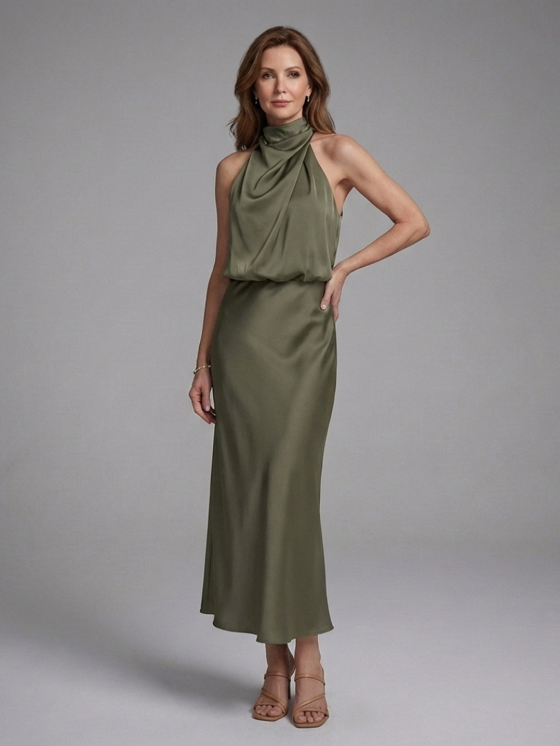 Women's Halter Draped Midi Dress with Draped Neckline