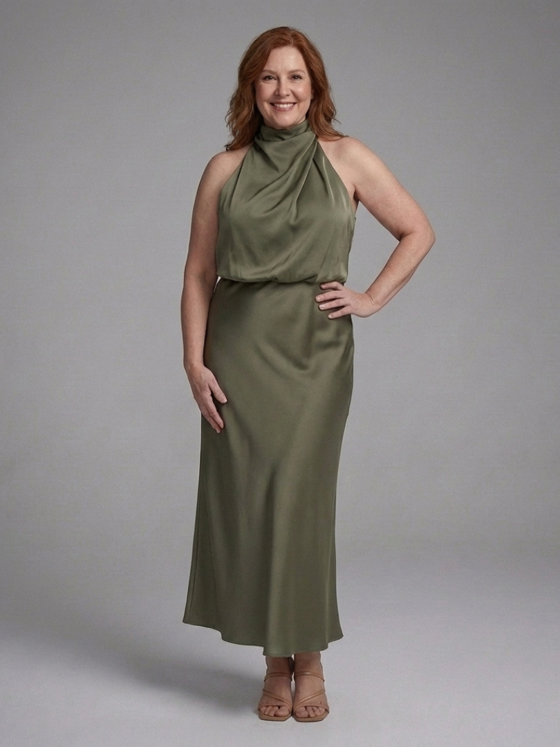 Women's Halter Draped Midi Dress with Draped Neckline