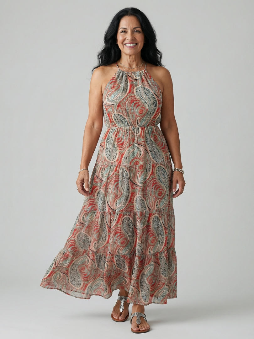 Women's Halter Maxi Dress with Pleated Skirt for Summer