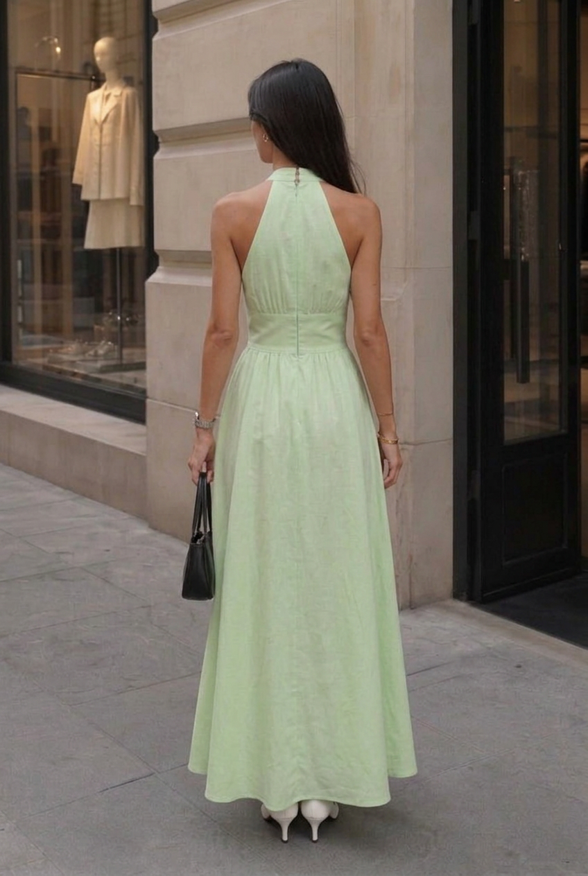 Women's Halter Maxi Dress with V-Neck for Formal Event