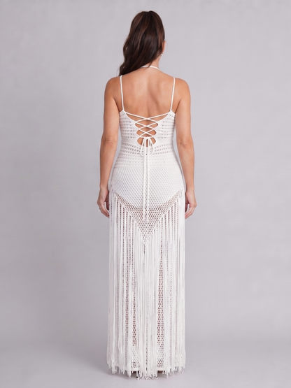 Women's Halter Neck Crochet Maxi Dress with Fringe