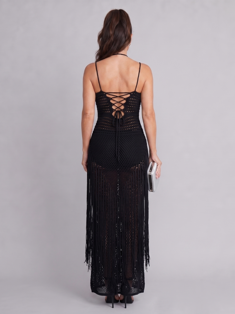 Women's Halter Neck Crochet Maxi Dress with Fringe