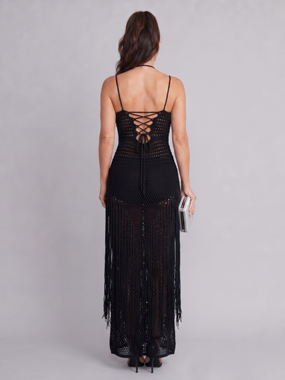 Women's Halter Neck Crochet Maxi Dress with Fringe