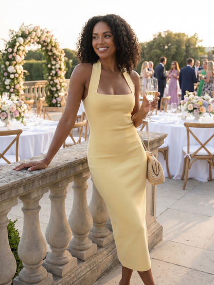Women's Halter Neck Fitted Midi Dress with Square Front for Events