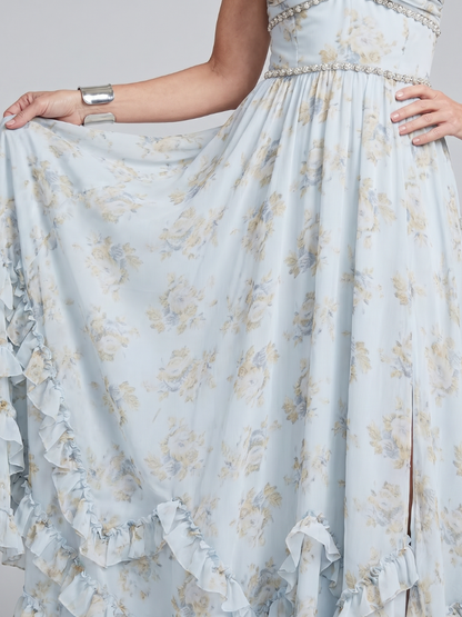 Women's Halter Neck Floral Maxi Dress with Beaded Straps