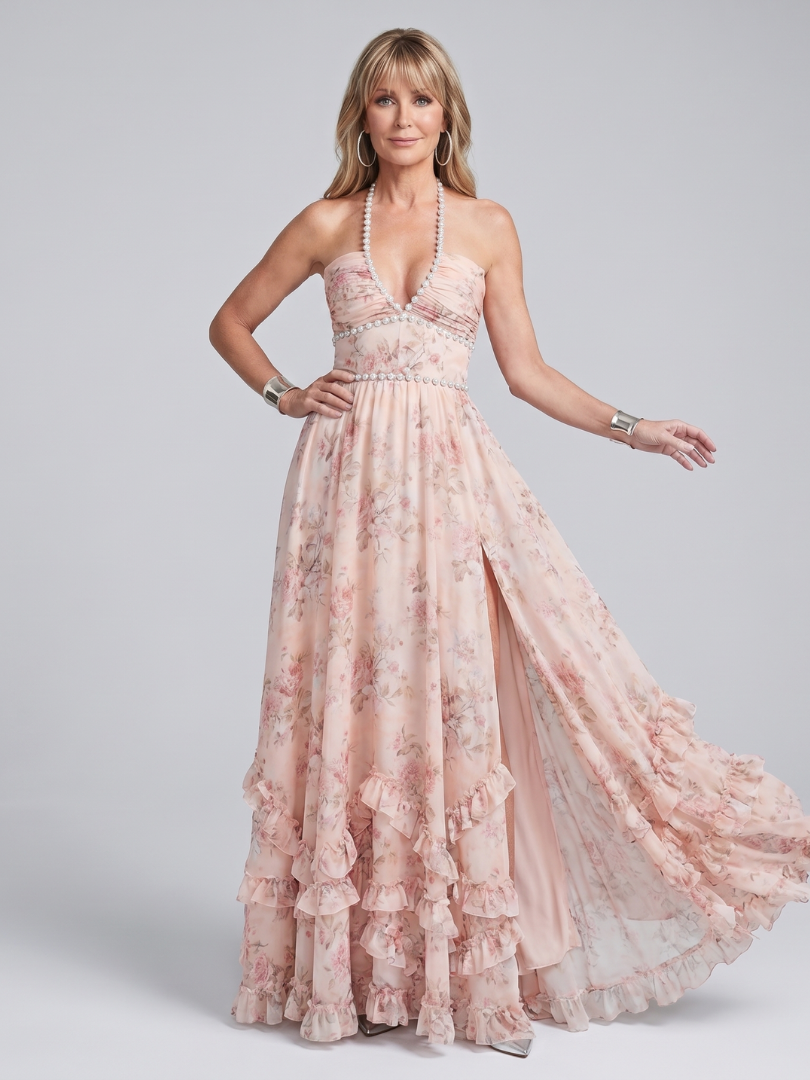 Women's Halter Neck Floral Maxi Dress with Beaded Straps