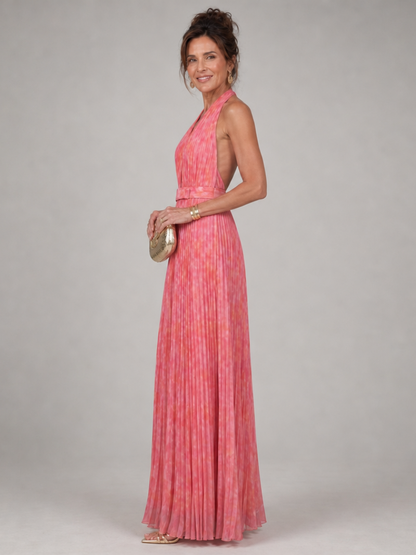 Women's Halter Neck Maxi Dress with Pleated Skirt