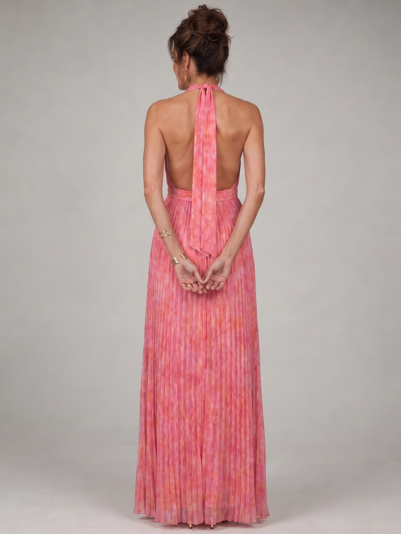 Women's Halter Neck Maxi Dress with Pleated Skirt