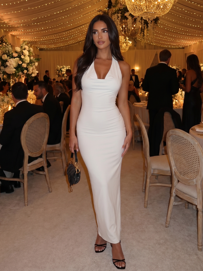 Women's Halter Neck Midi Dress with Draped Front for Events