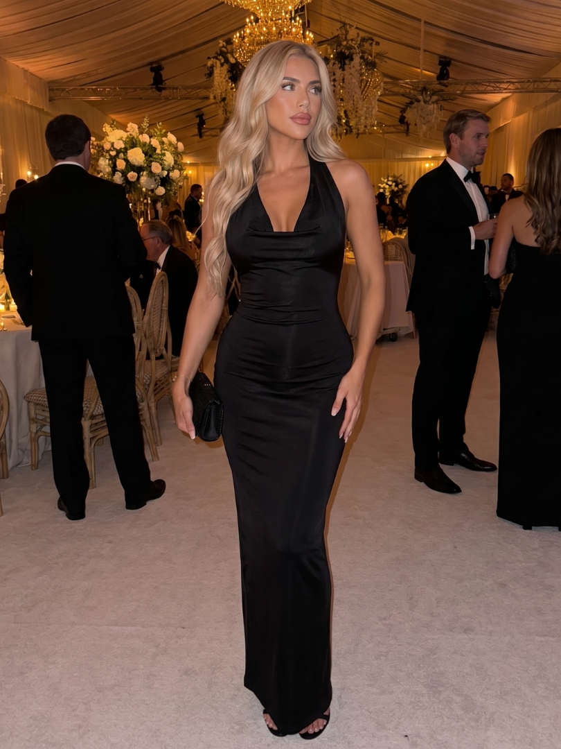 Women's Halter Neck Midi Dress with Draped Front for Events