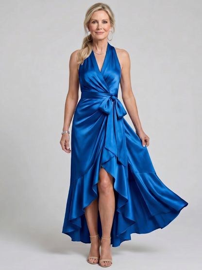 Women's Halter Neck Midi Dress with Wrap Waist for Evening Event