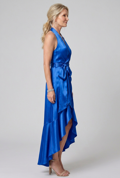 Women's Halter Neck Midi Dress with Wrap Waist for Evening Event