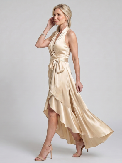 Women's Halter Neck Midi Dress with Wrap Waist for Evening Event