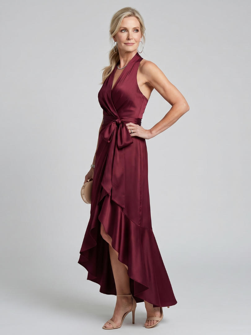 Women's Halter Neck Midi Dress with Wrap Waist for Evening Event