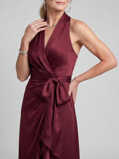 Women's Halter Neck Midi Dress with Wrap Waist for Evening Event