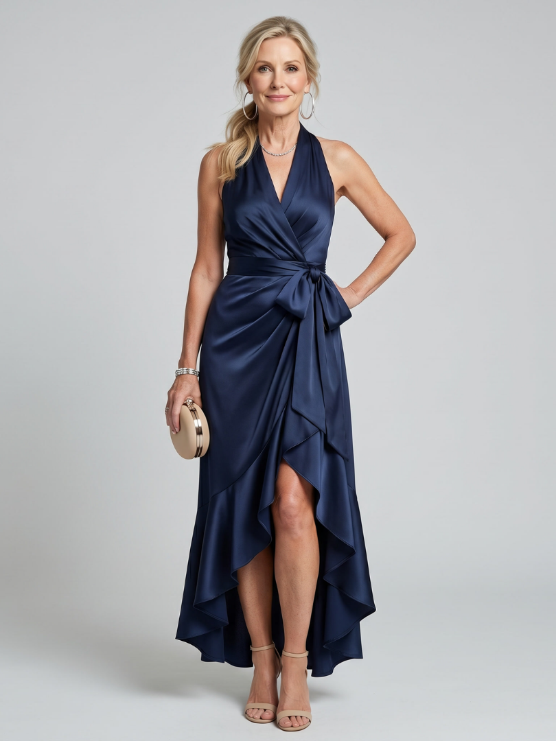 Women's Halter Neck Midi Dress with Wrap Waist for Evening Event