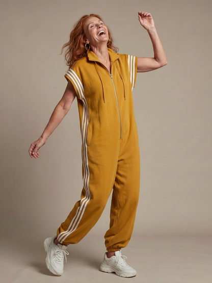 Women's Jumpsuit with Zip Front Stripe Panel for Daywear