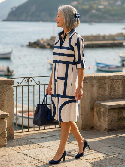 Women's Knee-length Dress with Geometric Pattern for Outing