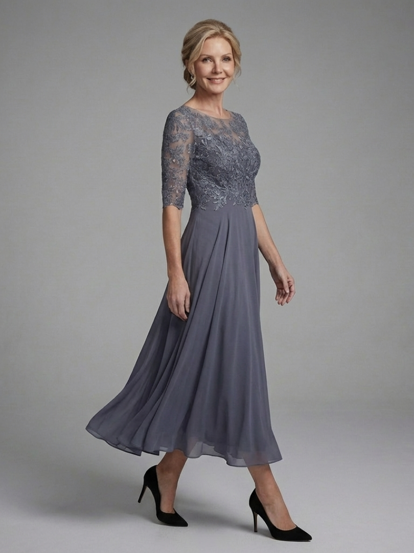 Women's Lace Bodice Midi Dress with Sheer Sleeves for Occasions
