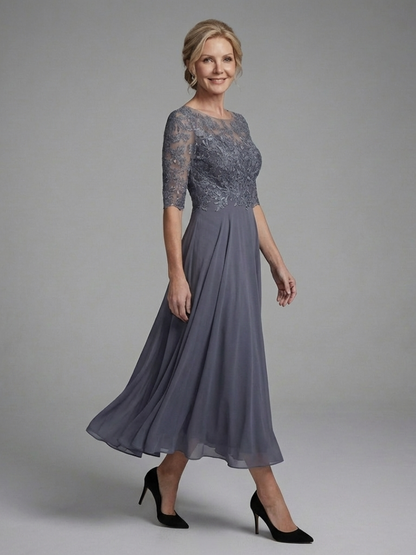 Women's Lace Bodice Midi Dress with Sheer Sleeves for Occasions