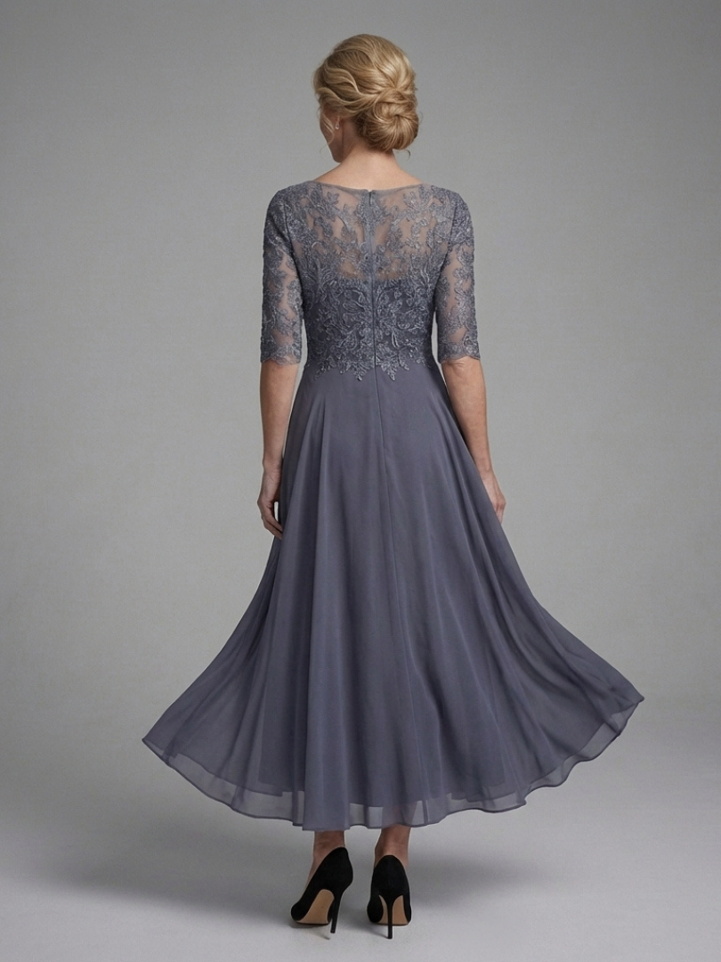 Women's Lace Bodice Midi Dress with Sheer Sleeves for Occasions