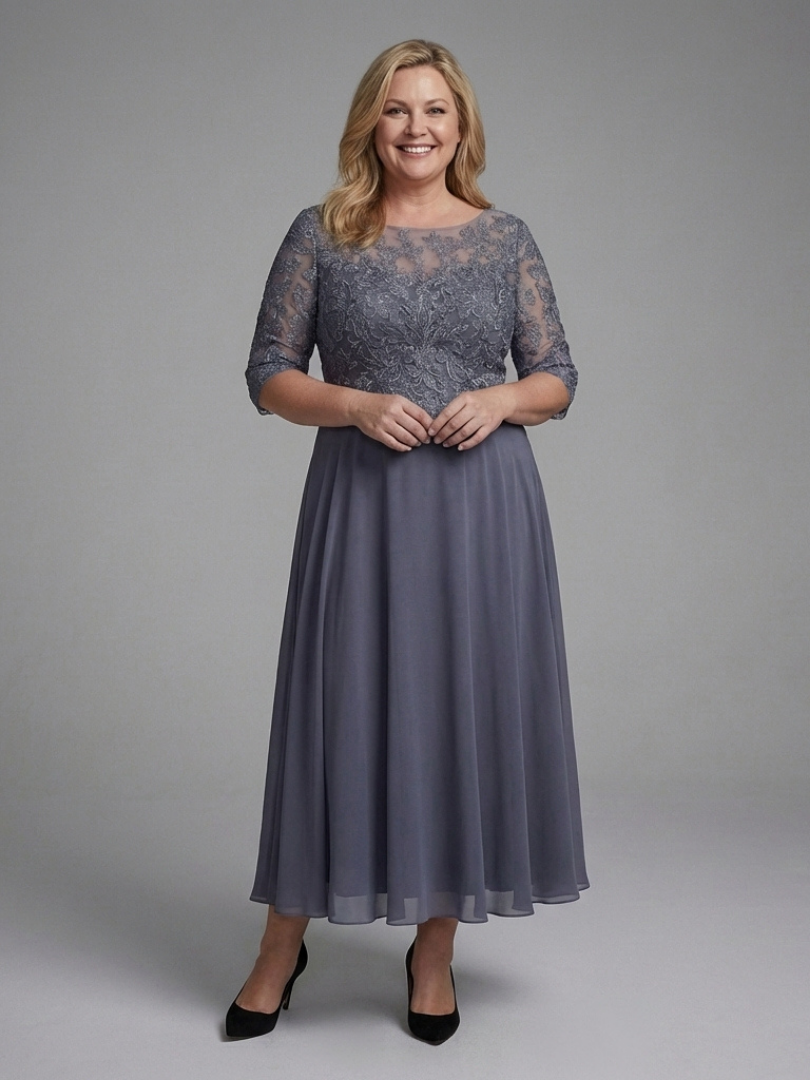Women's Lace Bodice Midi Dress with Sheer Sleeves for Occasions