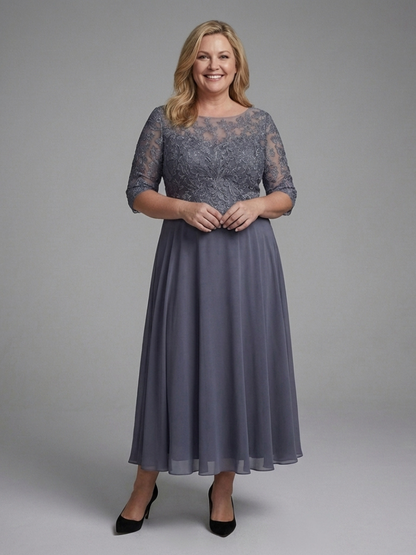 Women's Lace Bodice Midi Dress with Sheer Sleeves for Occasions