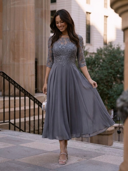 Women's Lace Bodice Midi Dress with Sheer Sleeves for Occasions