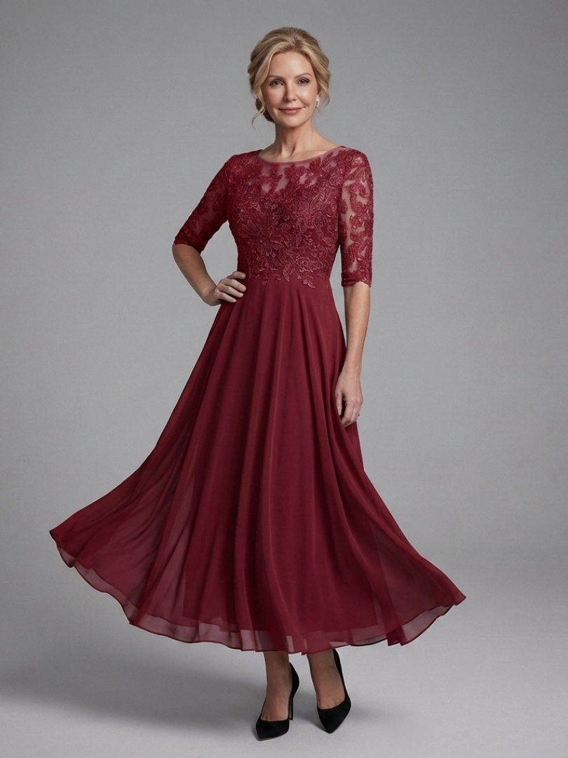 Women's Lace Bodice Midi Dress with Sheer Sleeves for Occasions