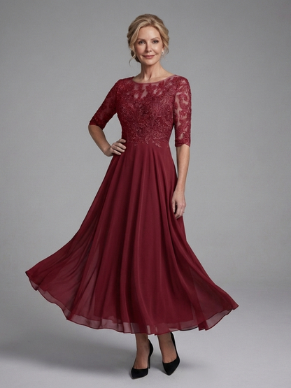 Women's Lace Bodice Midi Dress with Sheer Sleeves for Occasions