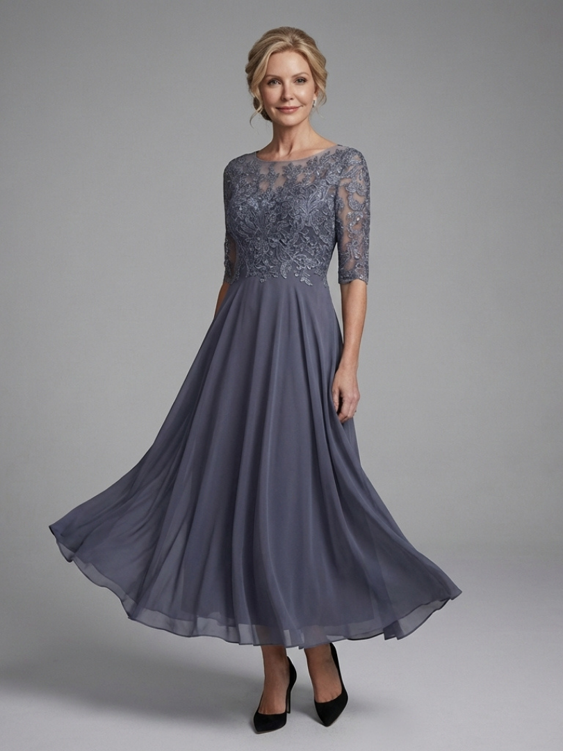 Women's Lace Bodice Midi Dress with Sheer Sleeves for Occasions
