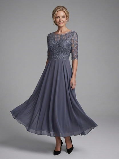 Women's Lace Bodice Midi Dress with Sheer Sleeves for Occasions