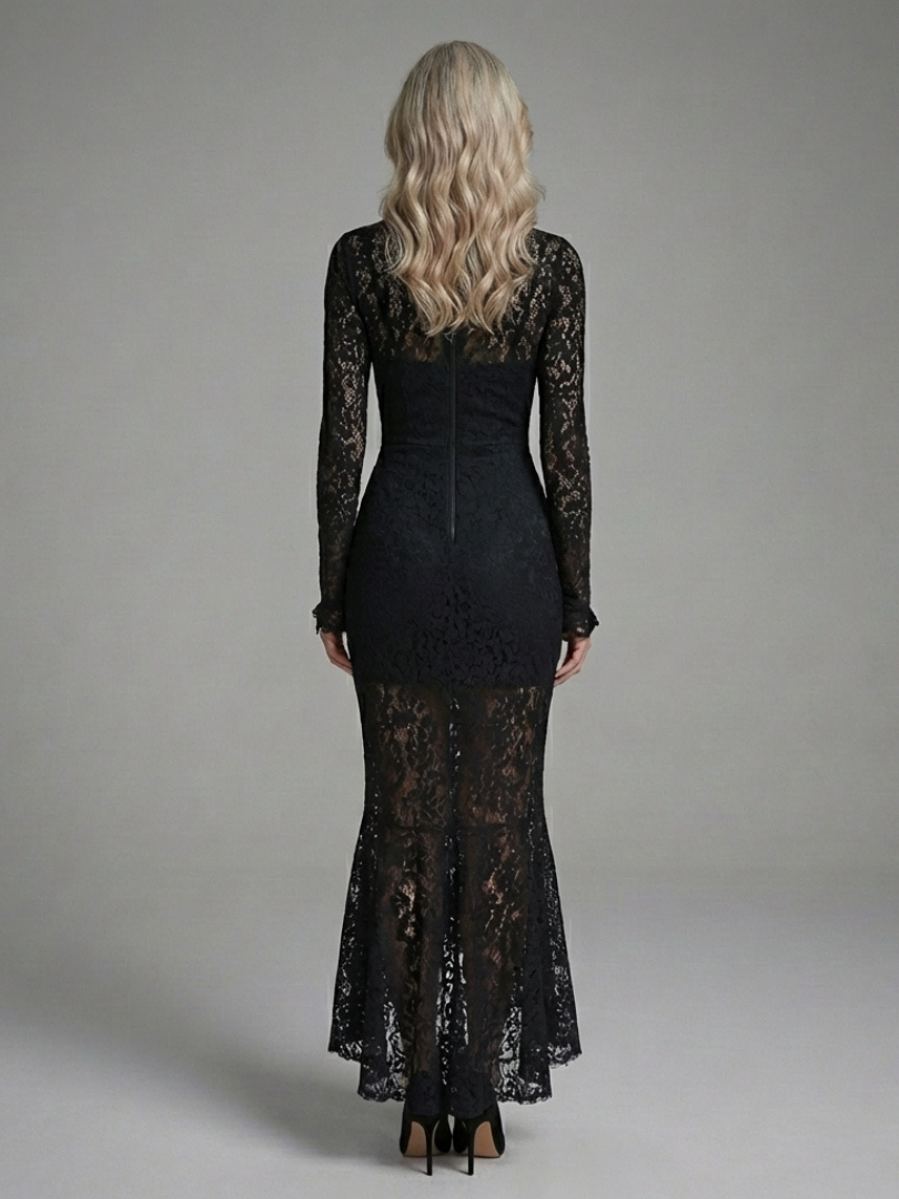 Women's Lace Midi Dress with High Neck for Formal