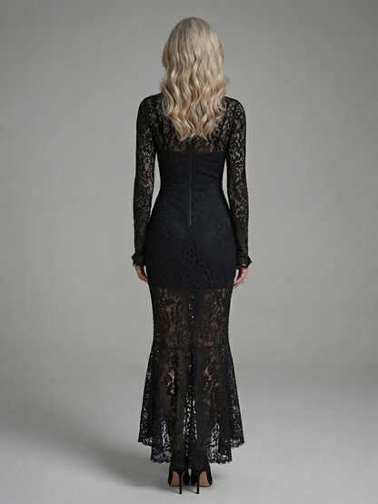 Women's Lace Midi Dress with High Neck for Formal