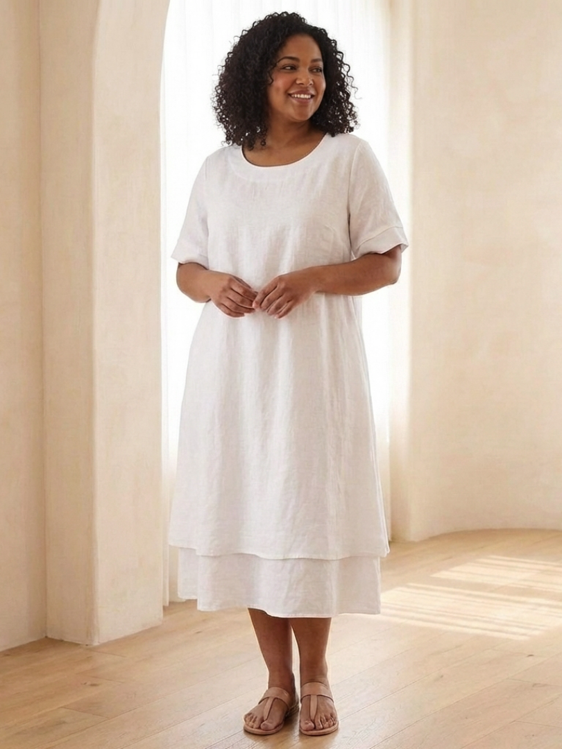 Women's Layered Midi Dress with Short Sleeves for Daywear