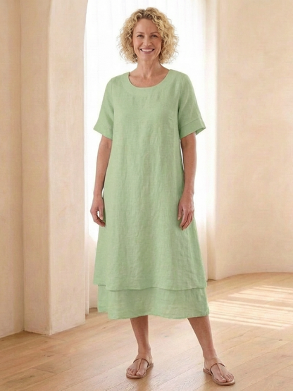 Women's Layered Midi Dress with Short Sleeves for Daywear