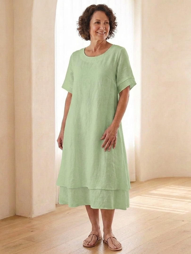 Women's Layered Midi Dress with Short Sleeves for Daywear