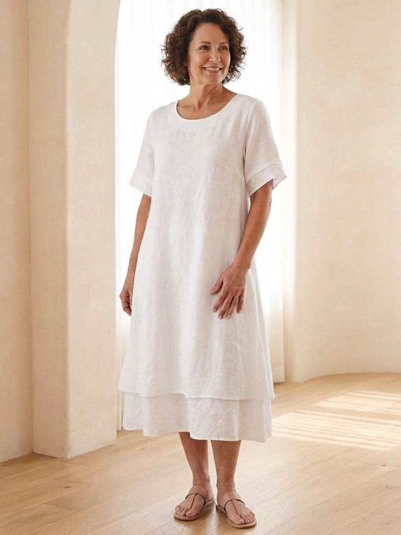 Women's Layered Midi Dress with Short Sleeves for Daywear